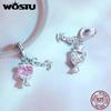WOSTU 925 Sterling Silver Pink Couple Hearts Charm Star Bear Beads Dolphin Pendants Fit Original Bracelet DIY Jewelry