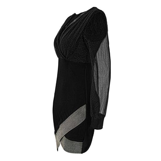 Damen Frühlings-/Herbstkleid, V-Ausschnitt, Laternenärmel, unregelmäßiger Saum, durchsichtiges Netz, Pailletten, Patchwork, Etuikleid über dem Knie, Abschlussball, Party, Minikleid