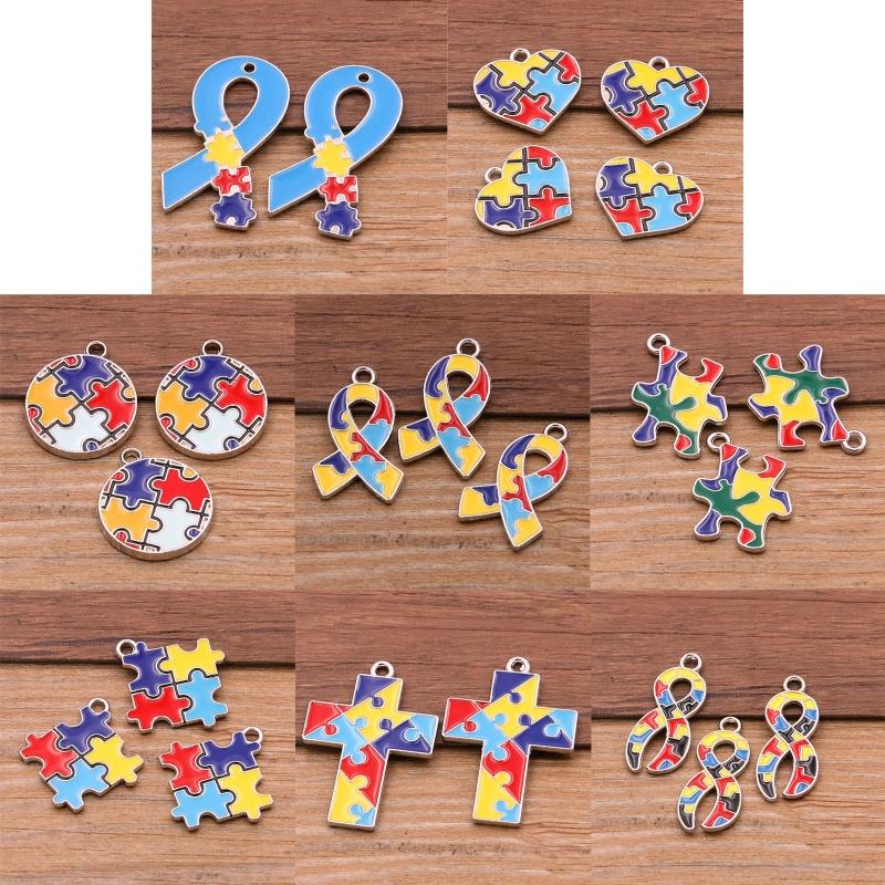 8Pcs Gold Plated Pendant with Puzzle Shape Pendant Enamel Autism Awareness Pendant Bulk Diy Necklace Bracelet Keychain