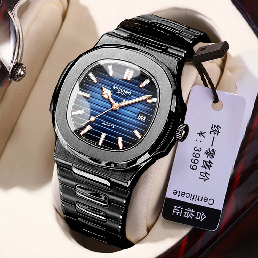 BINBOND Men's Watches Classic Fashion Fine Steel Strap Original Quartz Wristwatch for Man Striped Dial Waterproof Luminous Date