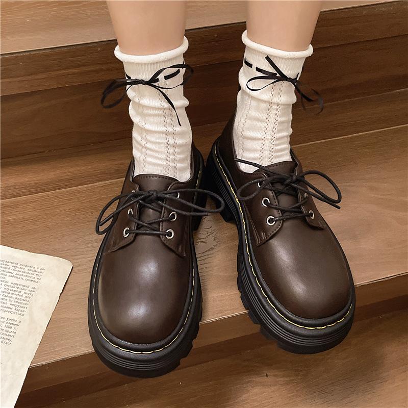 Large Size Platform British Style Lace-up Small Leather Shoes Round Head 2024 Thick Heel Loafers Autumn Retro Muffin Single Shoes Women