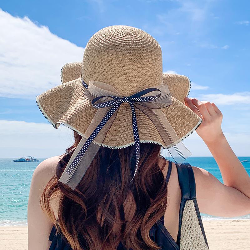 Straw hat women's summer versatile sunscreen sun hat fashion polka dot bow streamer sun hat beach hat women
