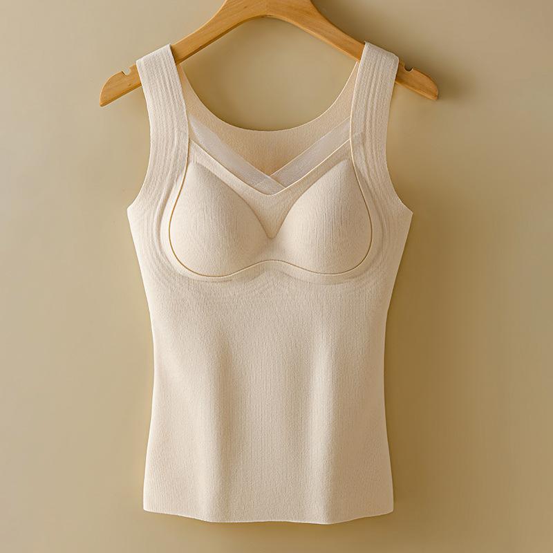 Women Lace Thickened Fleece Thermal Warm Vest With Built In Bra
