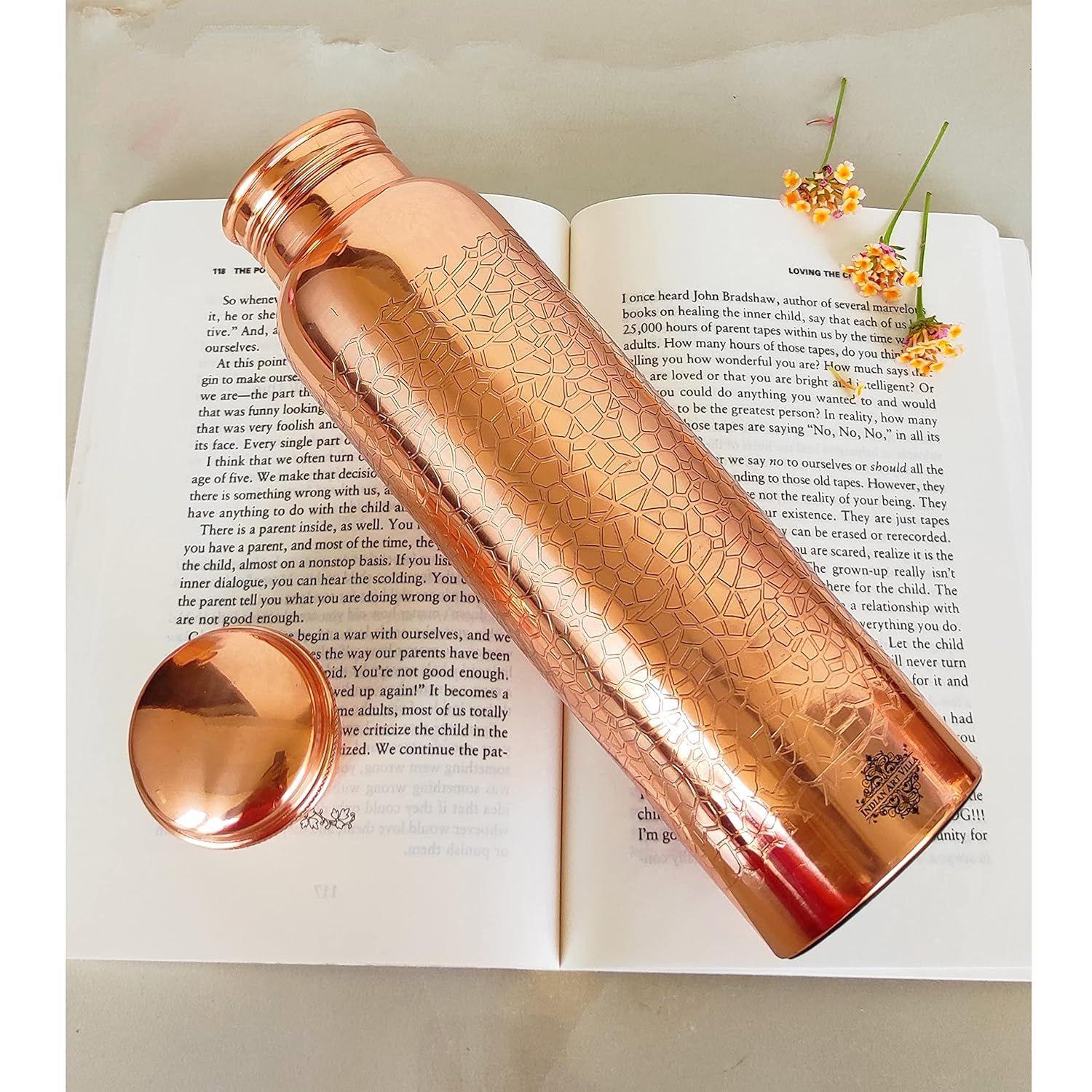 

Бутылка для воды из чистой меди с рельефным цветочным орнаментом, Посуда для питья, Для хранения, Объем-1000 мл, Упаковка 1 шт.