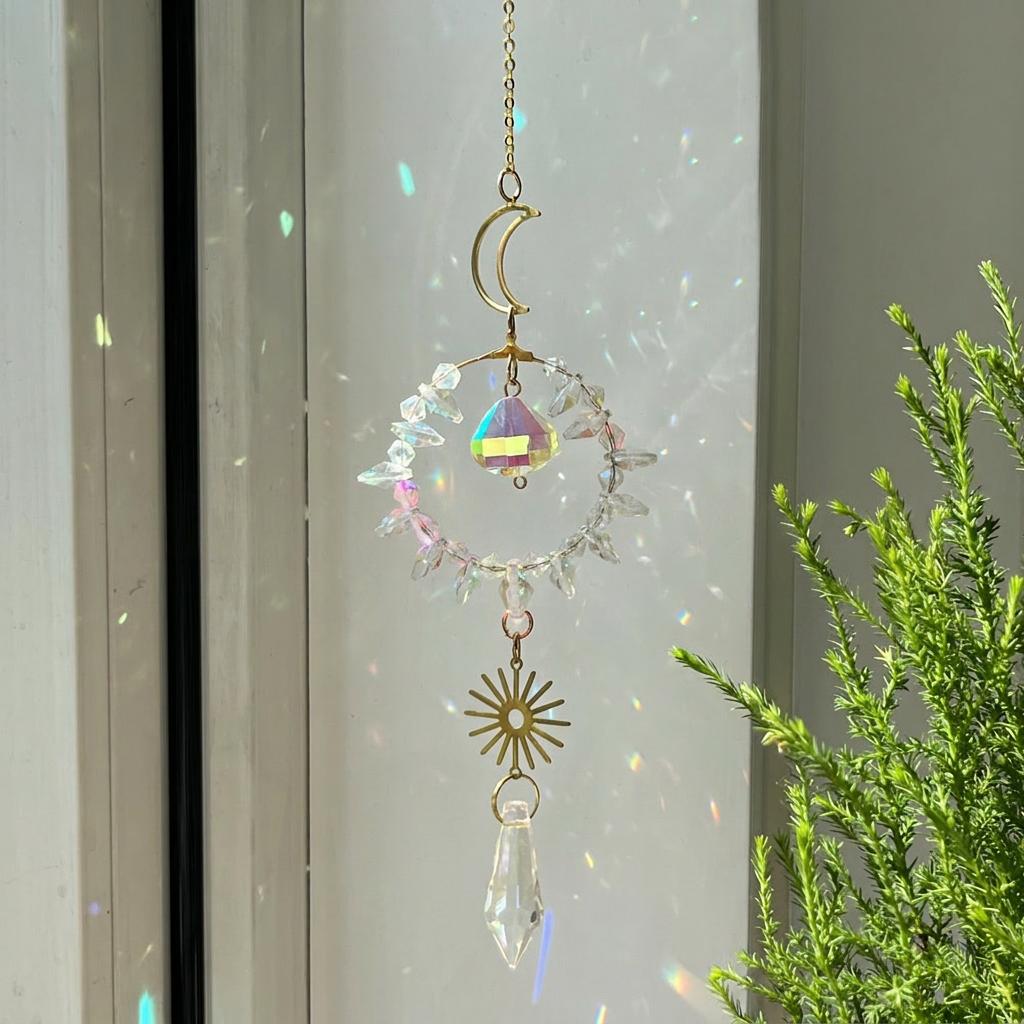 Dreamcatcher Design Crystal Sun Catcher AB Iridescent Moon Star Hanging Suncatcher for Home Rainbow Maker Window Garden Decors