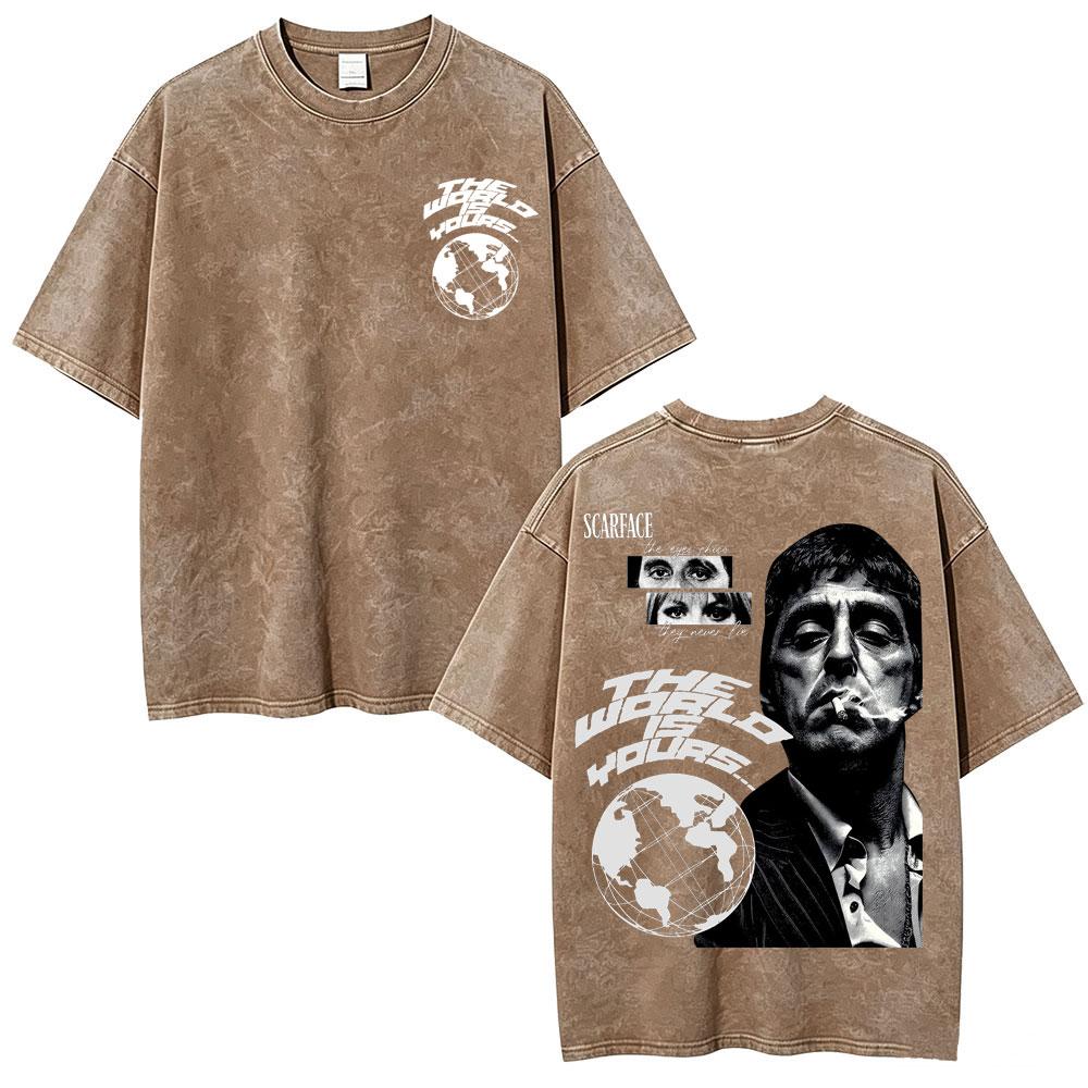 Movie Scarface The World Is Yours Vintage Washed Tshirt Tony Montana Al Pacino Unisex Unisex Clothing Oversized T Shirt Streetwear