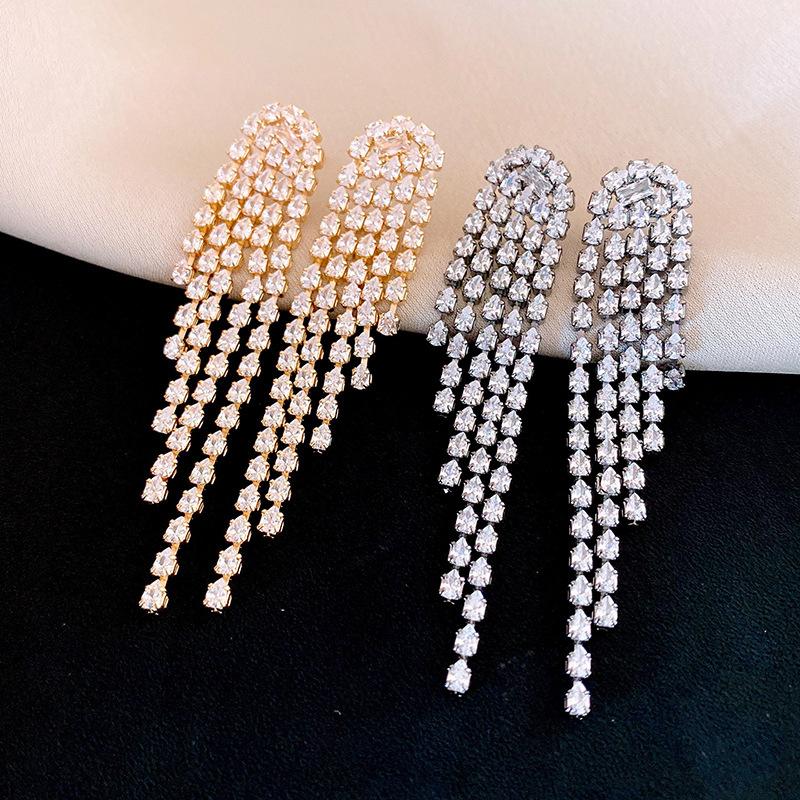 Silver Needle European and American Zircon Water Drop Tassel Earrings Earrings Personality Temperament Earrings Women