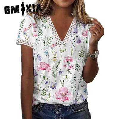 Summer Print V-neck Short-sleeved T-shirt Top for Women