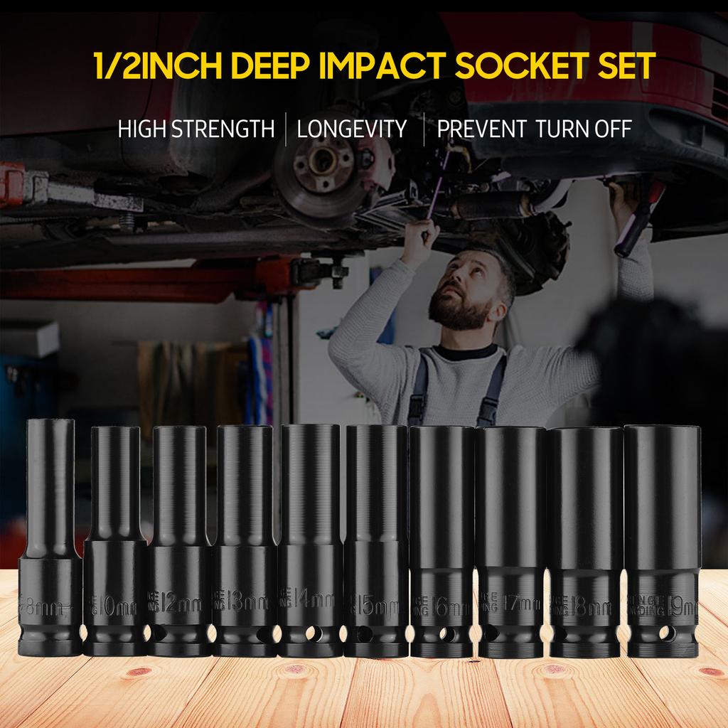 Geevorks 1/2Inch Drive Hex Impact Socket Set 10-Piece Deep Socket Metric Sizes 8-19mm CR-V Material with Storage Box