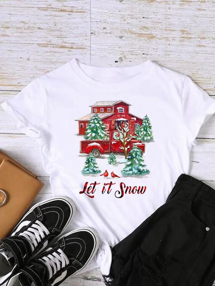 Christmas Womens Round Neck Short Sleeved Christmas Tree Reindeer Print Womens Loose Oversized Comfortable White Tshirt