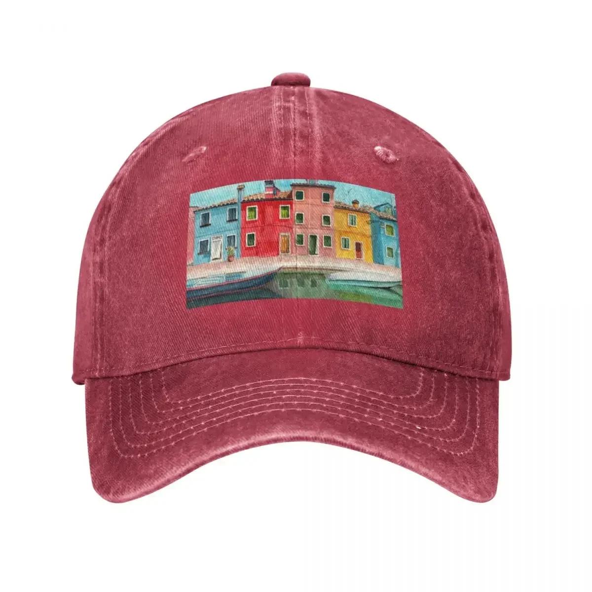 

Watercolor Burano quarter in Venice Baseball Cap summer hat Fishing cap Vintage Womens Hats Mens