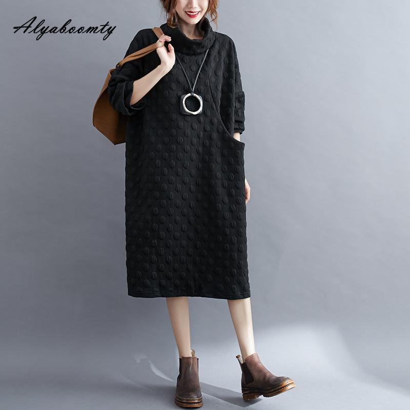 

Корейский стиль осень-зима женское свободное платье водолазка серое черное темно-синее платье в горошек повседневное свободное платье с длинным рукавом и карманами L чёрный