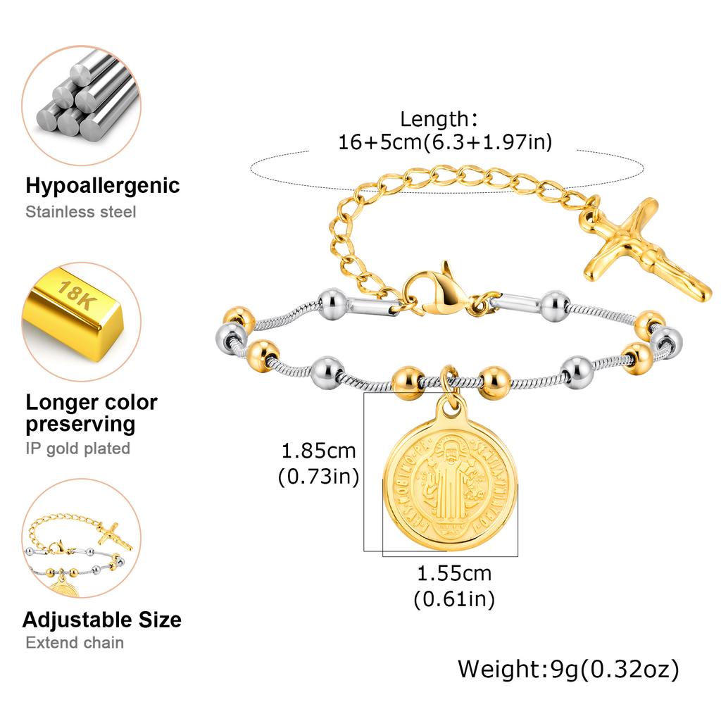 Vnox Rosegold plattiertes Edelstahl St. Benedikt Medaille Armband für Damen, Zweifarbiges Rosenkranz Kreuz Perlen Round Snake Armbänder