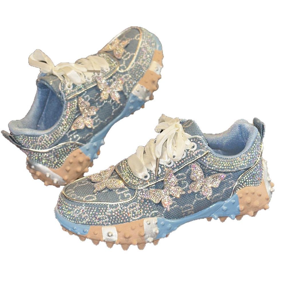 Baskets Dad en Jean Denim Fait Main Strassées Durian Semelle Diamants Chauds Chaussures de Sport pour Femmes