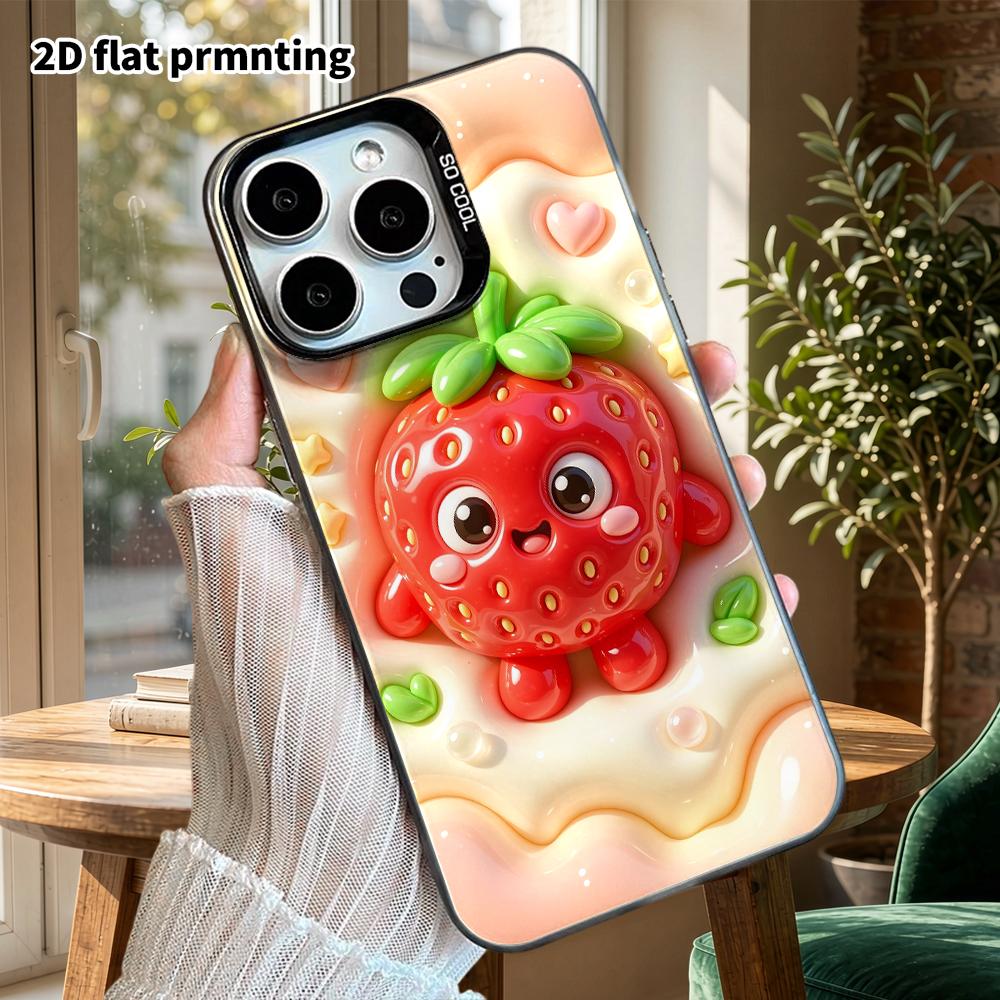 Phone Case: 2D Flat Design, Fits iPhone 18, 17, 16, 15, 14, 13 Pro, Cartoon Little Red Strawberry Character, Perfect Christmas and Halloween Holiday G