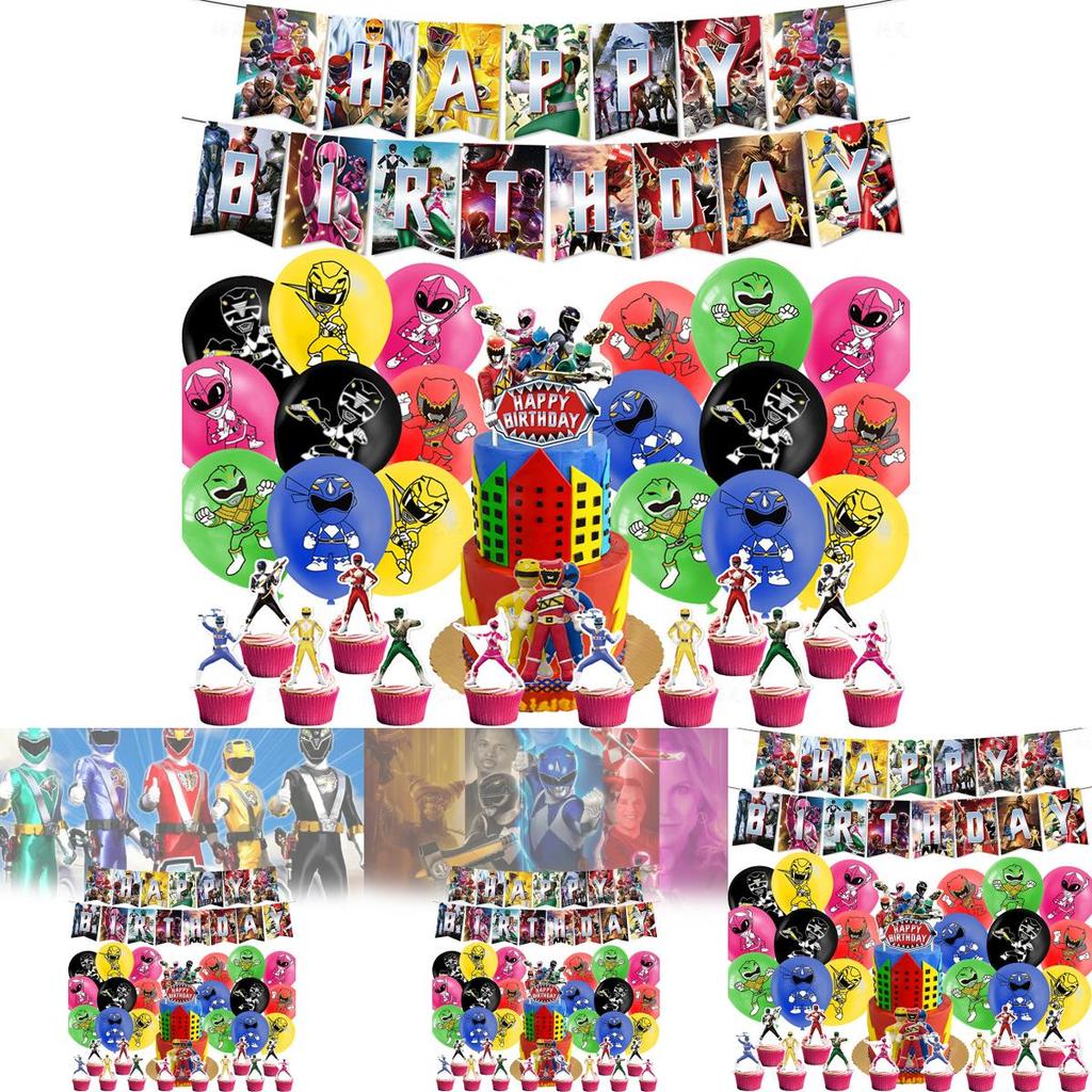 Decorazioni per Festa di Compleanno dei Mighty Morphin Power Rangers Con Palloncini a Tema Dinosauro e Bandierine per Torta Per Ragazzi