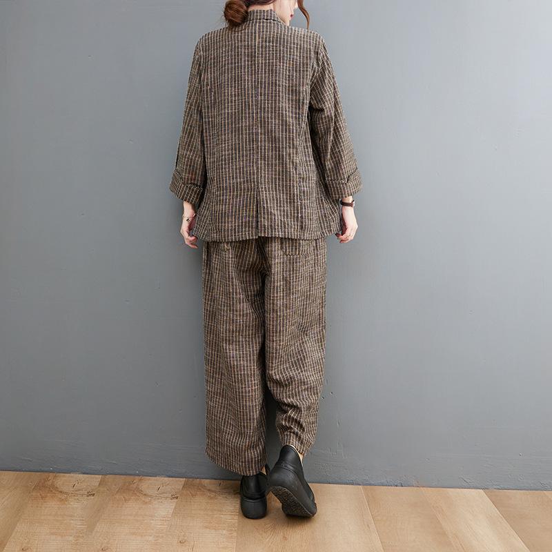 Damen 2024 Herbst Retro Baumwolle Leinen Gestreifter Blazer & Weitbeinige Hose Set