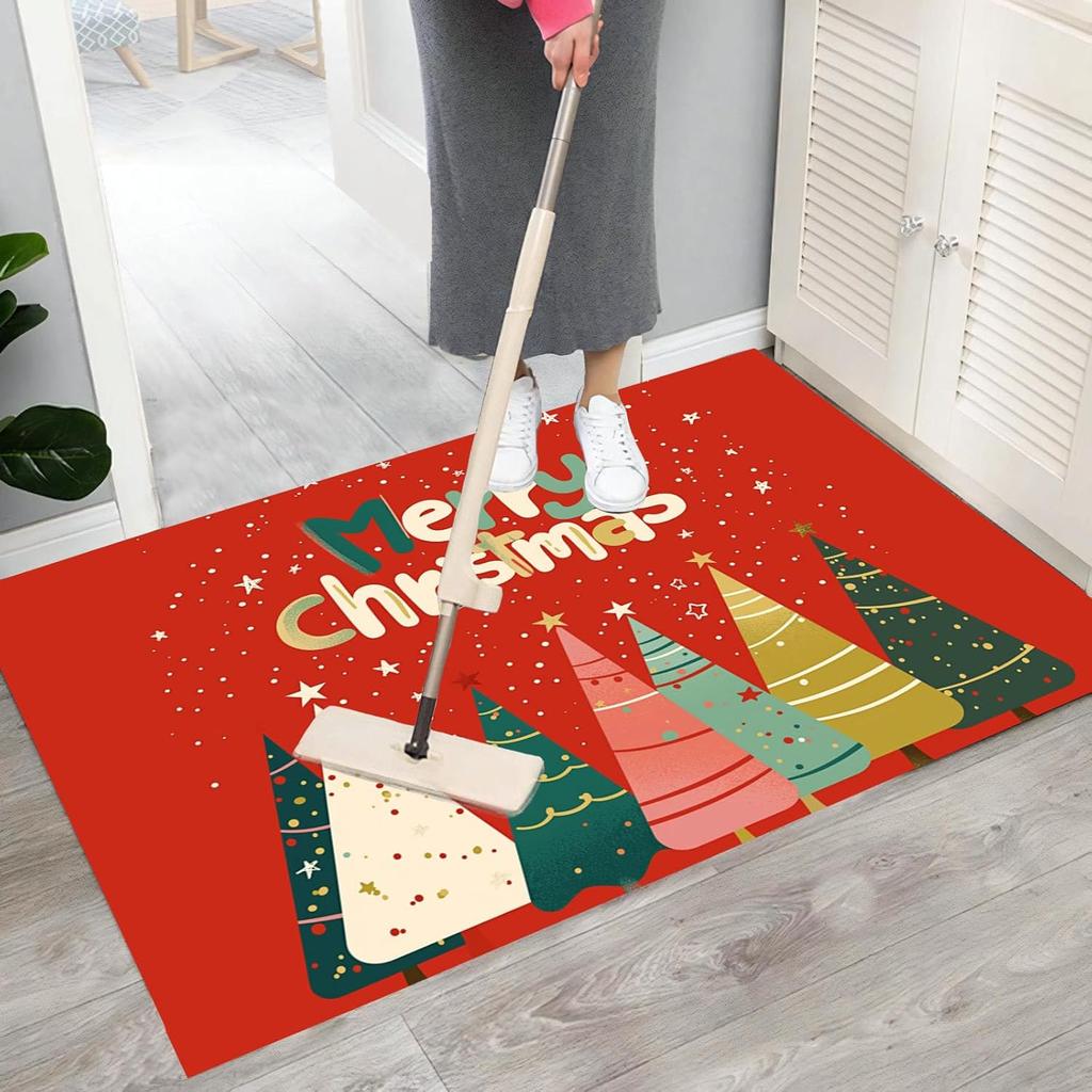 Red Christmas Welcome Doormat, Christmas Tree Pattern with Colorful Lights Home Decor Low-Profile Switch Rug Door Mat Floor Mat