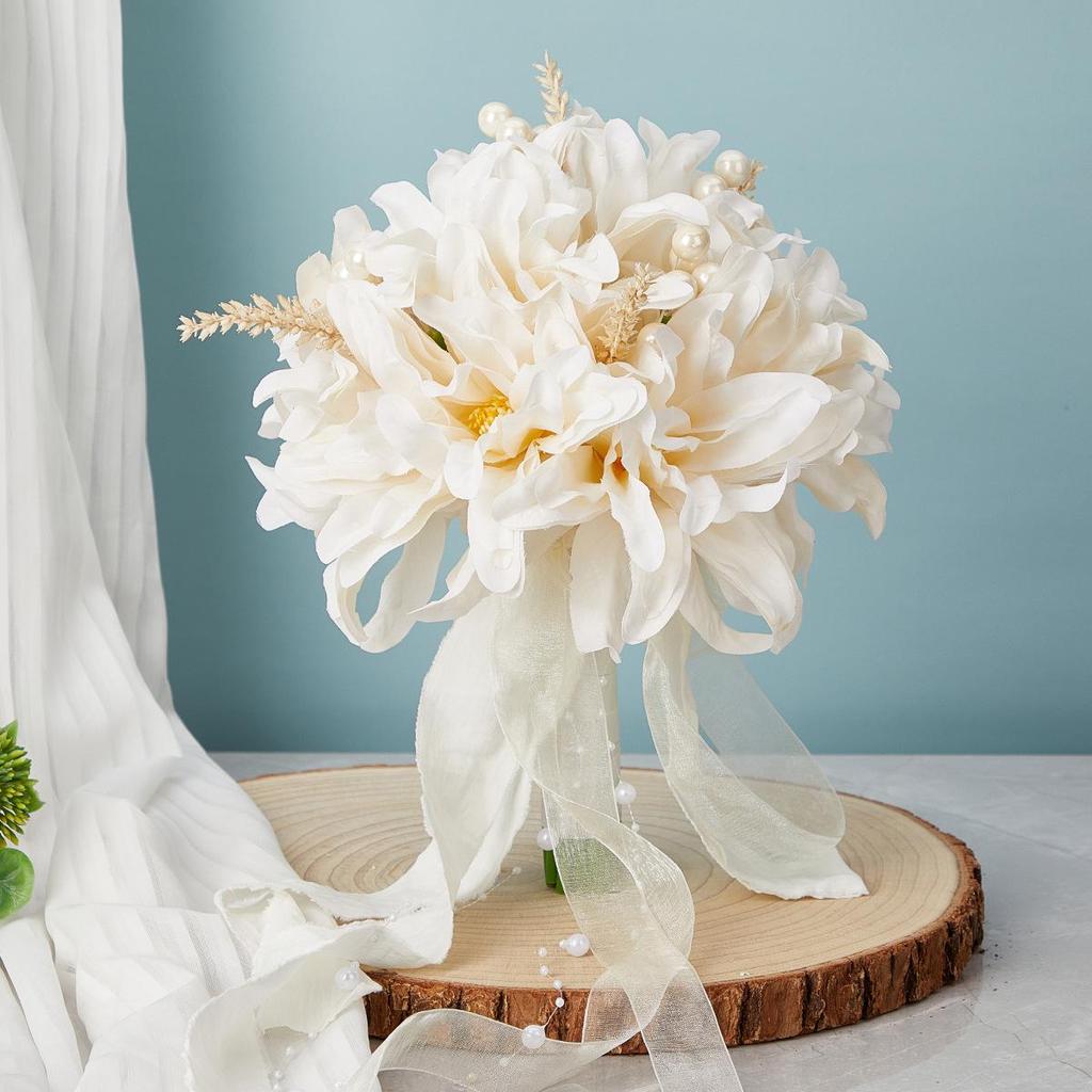 Korean Style Silk Ribbon Bridal Bouquet: Elegant Artificial Flowers for Studio Photography & Weddings