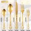 40PCS Gorgeous Retro Royal Flatware Set Stainless Steel Gold Silverware Set Vintage Embossed Kitchen Utensil Kit with Fork Spoon