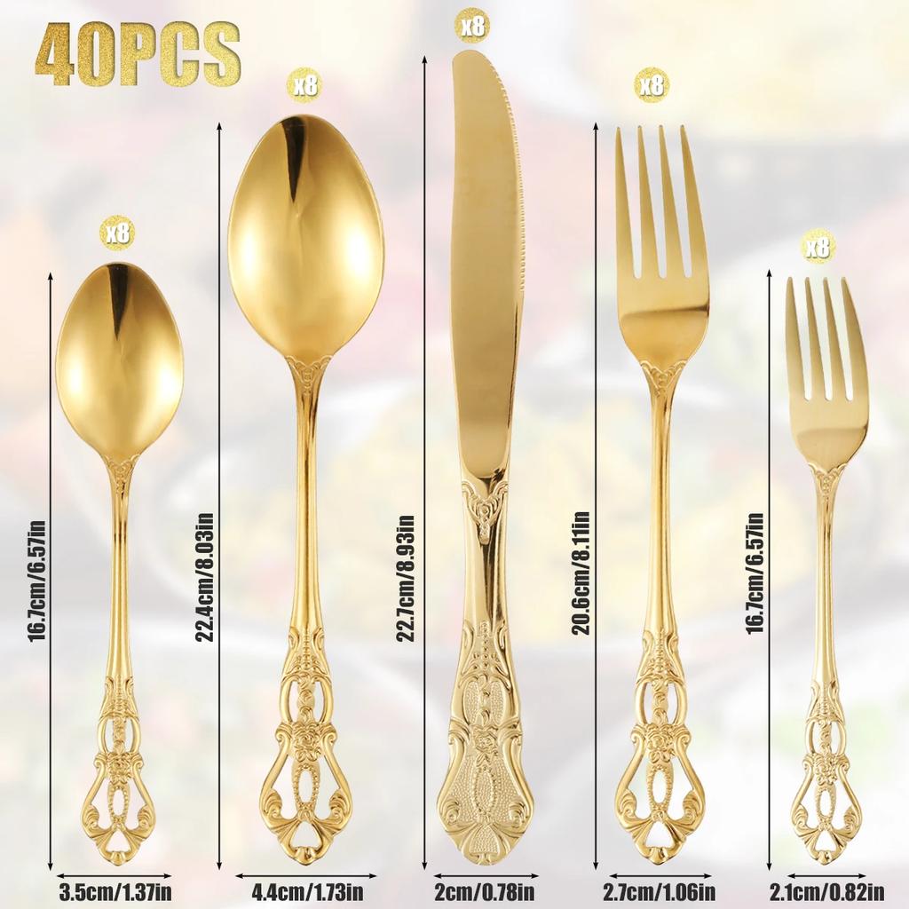 40PCS Gorgeous Retro Royal Flatware Set Stainless Steel Gold Silverware Set Vintage Embossed Kitchen Utensil Kit with Fork Spoon