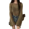 Women's Fashion Crew Neck Long Sleeve Loose Knitted Pullover Lazy Design Niche Hollow Grid Knitted Sweater