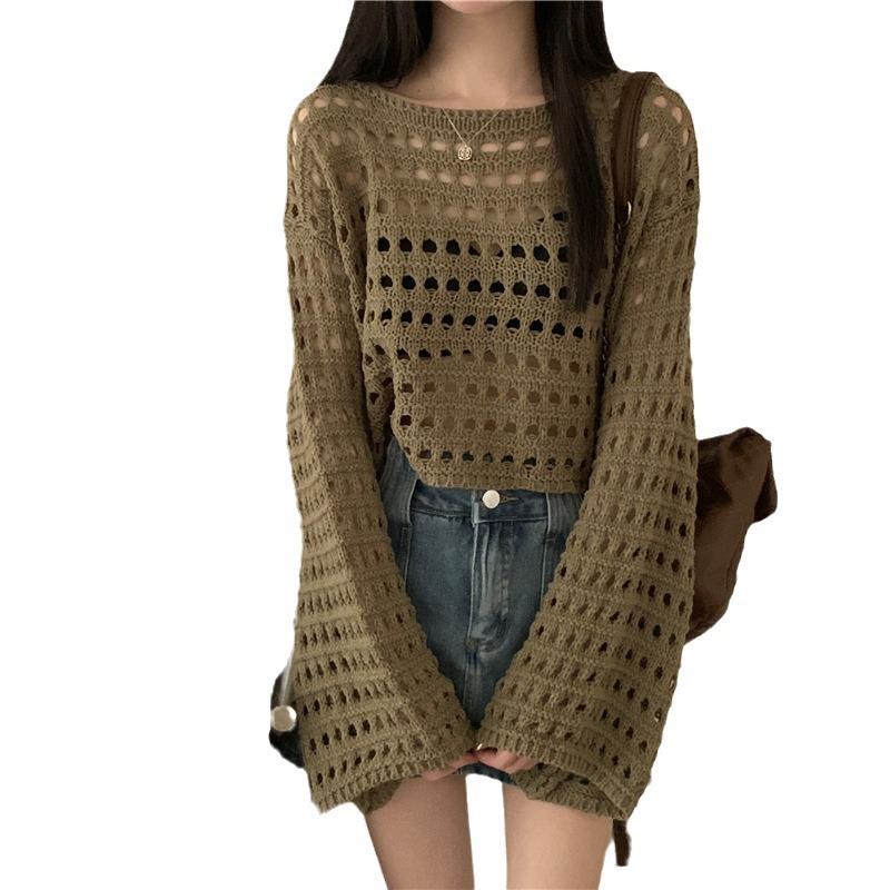 Women's Fashion Crew Neck Long Sleeve Loose Knitted Pullover Lazy Design Niche Hollow Grid Knitted Sweater