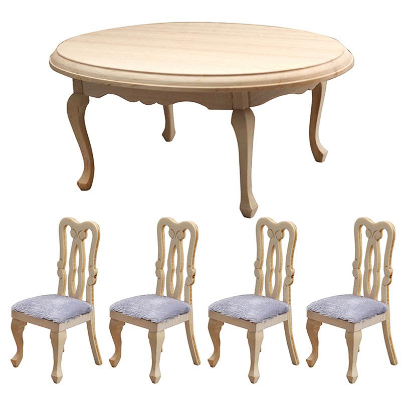 5Pcs/Set 1/12 Dollhouse Miniature Furniture Wooden Dining Table Chair Set Toys