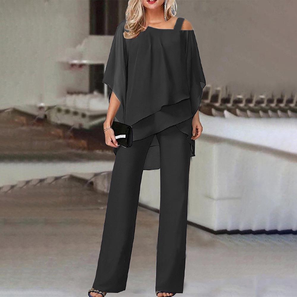 Damen Hosen Sets Zweiteilig Sale Sexy Schulterfrei Halb Fledermausärmel Bluse & OL Weites Bein Locker Hosenanzüge