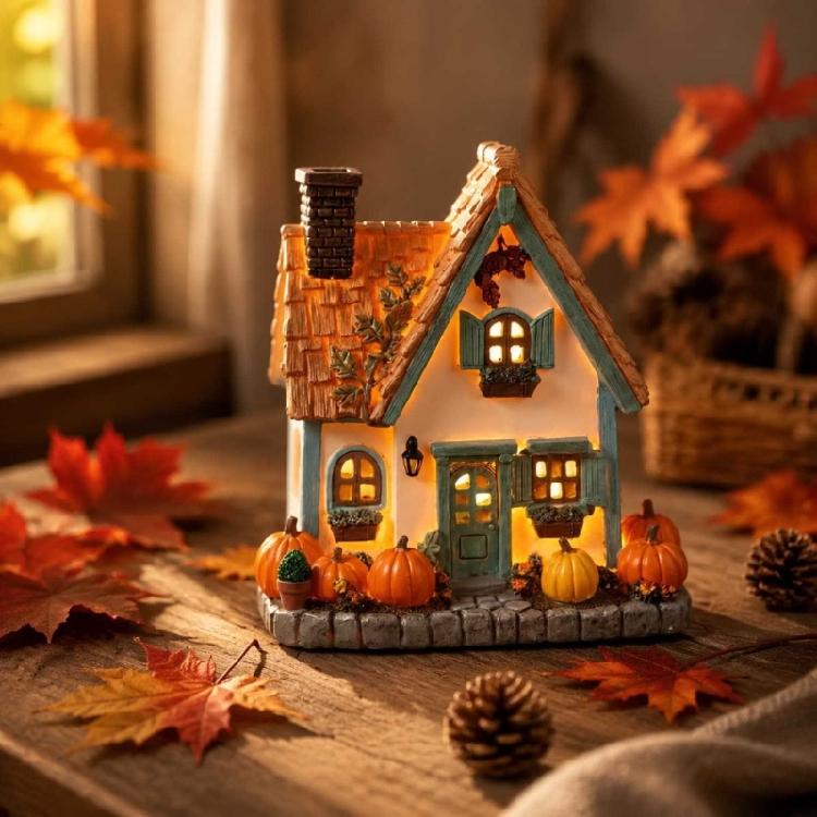 Pumpkin House LED Tabletop Decoration Resin Cottage Statue With Warm Illuminating Window for Fall Centerpieces, Fireplaces Mantels and Bedroom Shelf