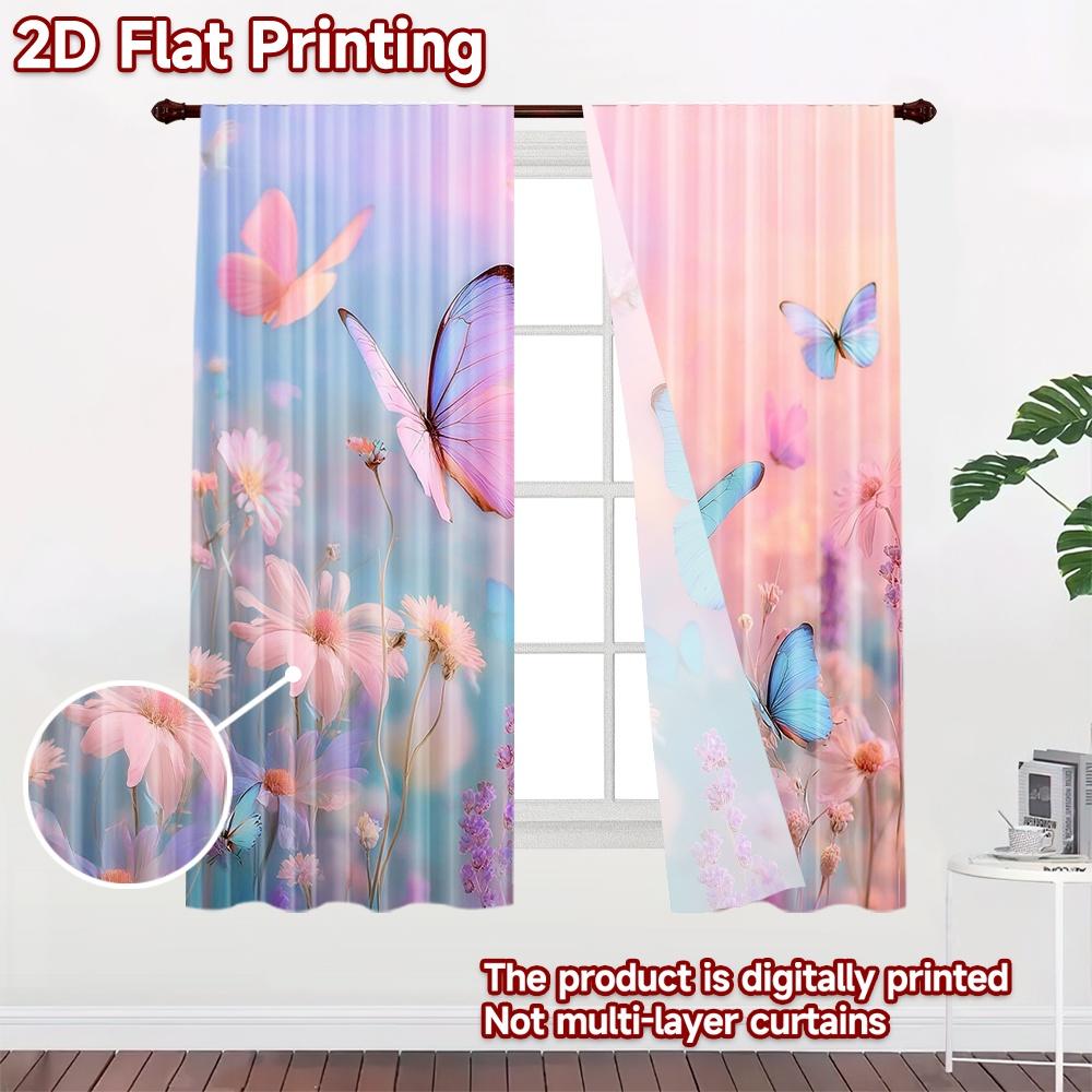 2D Flat Printing 2pcs Window Curtains Beautiful Butterflies Sky Pastel Fantasy Digital Printed Polyester Drapes Holiday