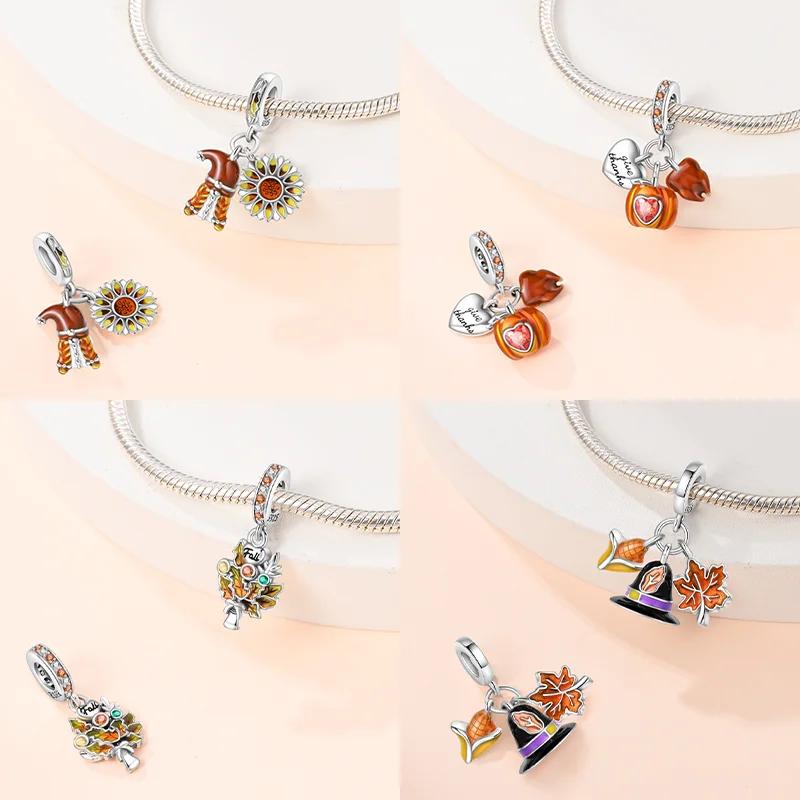 New Charm Copperorange Harvest Charms Pumpkin Heart Beads For Diy Original Bracelet For Women Fine Jewelry Making Gift