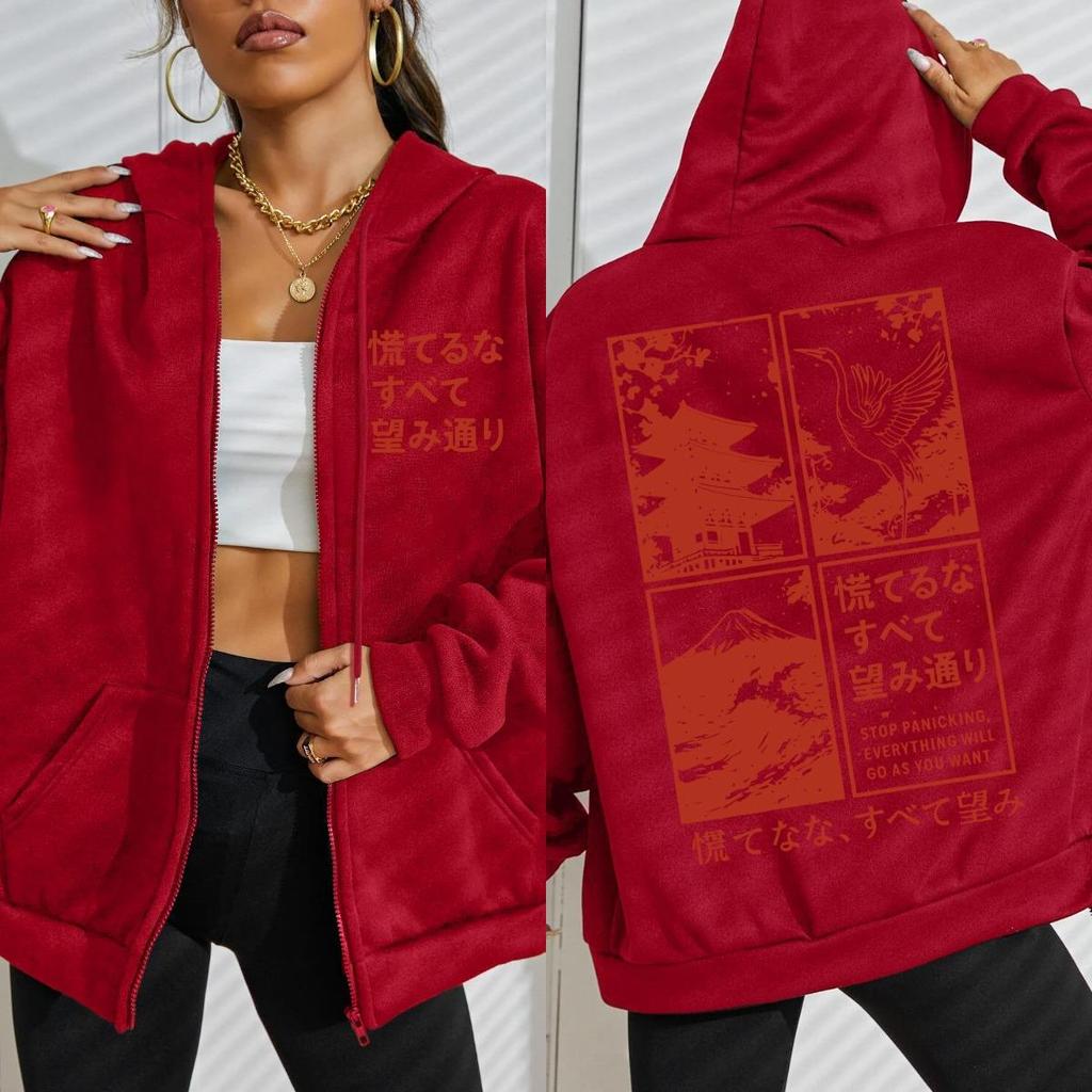 Japan Crane Cherry Blossoms Waves Art Letter Prints Zipper Hoody Woman Sportswear Casual Hoodie Autumn Clothes
