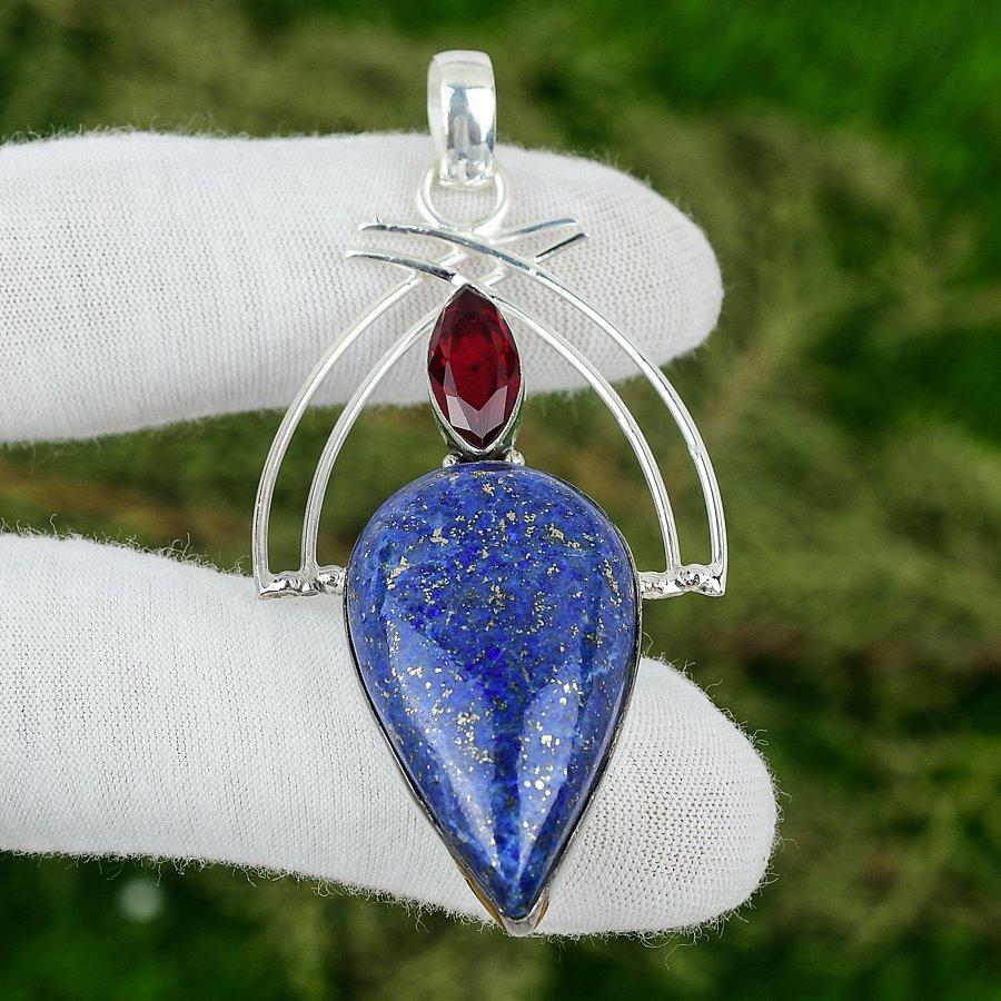 

925 Sterling Silver Lapis Lazuli Stone Mozambique Garnet Wedding Pendant Jewelry