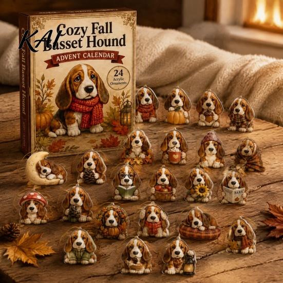 Autumn Theme Dog Decor 2026 Advent Calendar, 24-Days Christmas Countdown Calendar with 24 Festive Puppy Lover Box Ornament, 2D Acrylic Cartoon