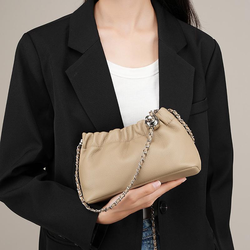 Genuine Leather Bag 2026 Popular Chain Armpit Bag Women's Cloud Pleated Bag Women's Bag Cowhide One-shoulder Crossbody Bag Gold Ball Chain