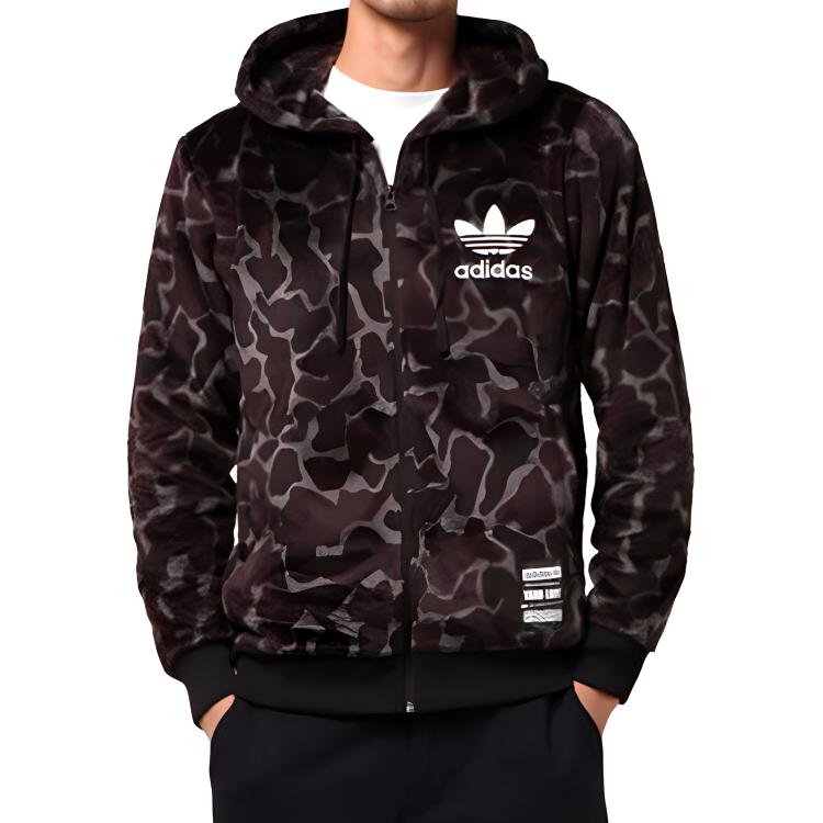adidas Originals Clover Camouflage Fleece-Lined Warm Hoodie Jacket Men Jackets Dark-Brown CD1716