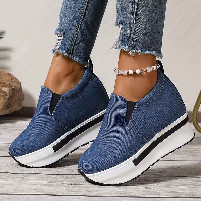 Women's Denim Wedges Heel Fashion Round Toe Sneakers Ladies Daily Casual Shallow Mouth Non-Slip Walking Women's Vulcanised Shoes
