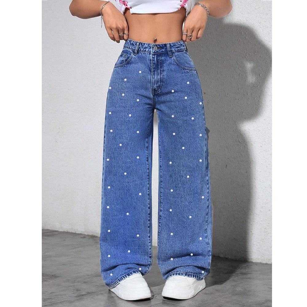 

Women High Waist Denim Jeans Ladies Fashion Beading Straight Pants 5XL синій