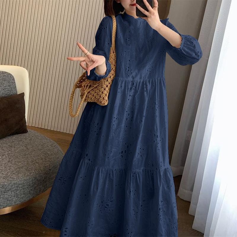 

ZANZEA Женское повседневное платье с длинным рукавом, свободное, кружевное, с лоскутной вставкой крючком, длинное 4XL темно-синий