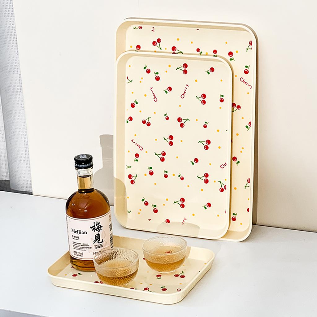 Cherry Pattern Plastic Food Serving Tray Stackable Fruit Dessert Tray Tea Tray Multi-functional Storage Tray For Home Kitchen