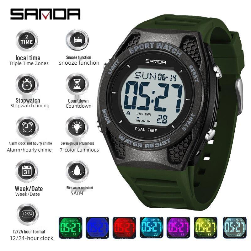 Sanda Multi-Function Waterproof Sport Watch with Alarm & Seven-Color Luminous Display