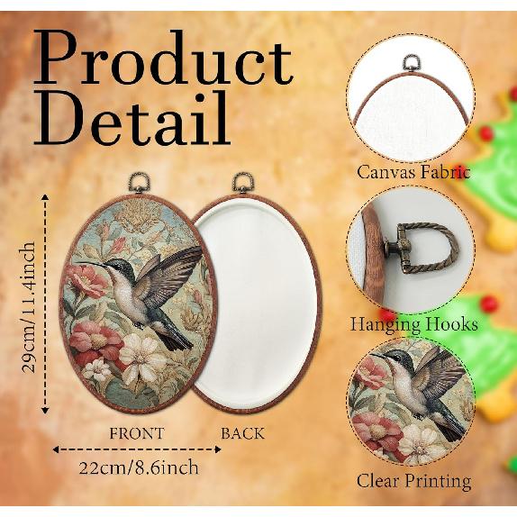 XSTWLJ Vintage Hummingbird Wall Art Decor, Floral Botanical Bird Canvas Art Framed, Elegant Cottagecore Oval Wall Hanging Decorations for Home