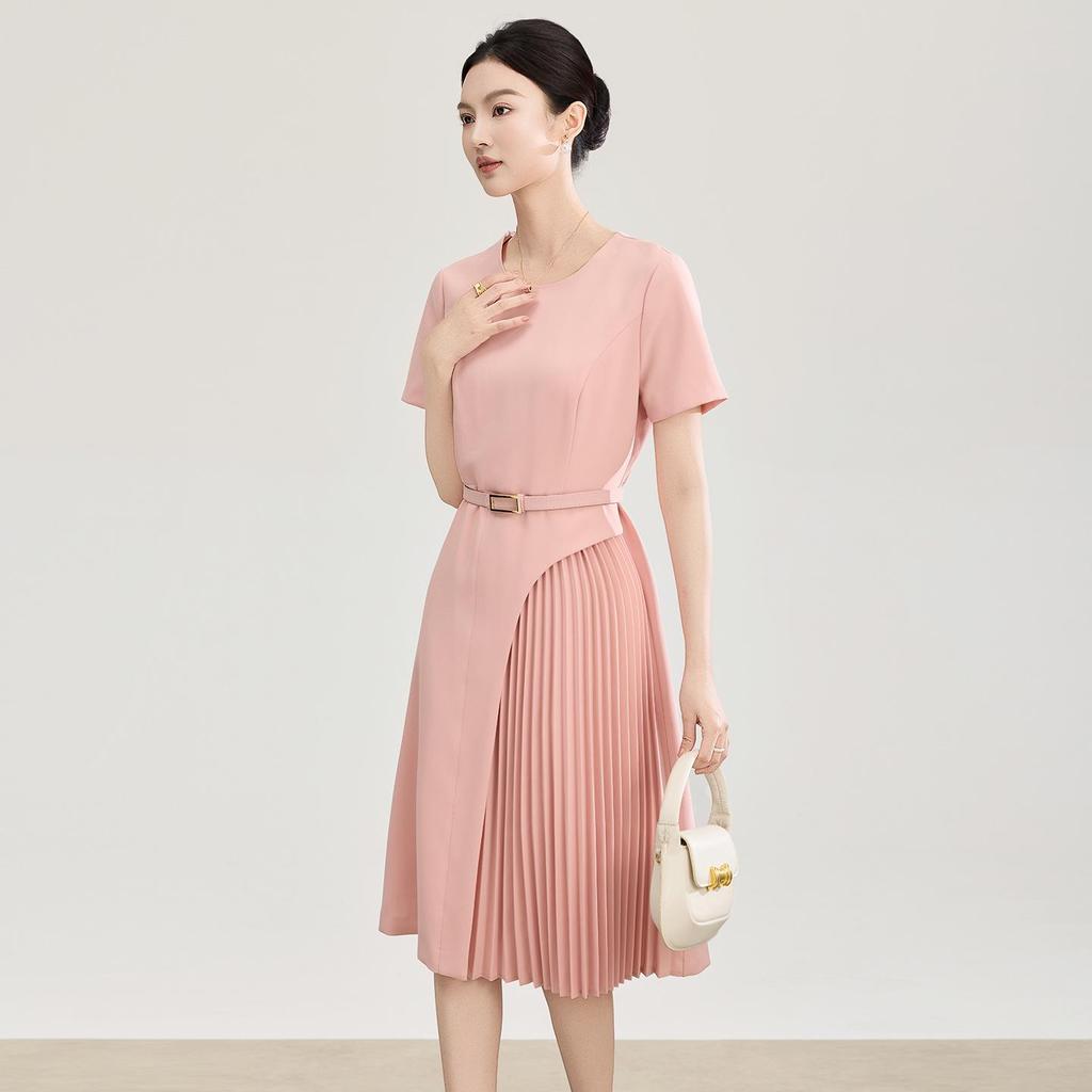 Elegant Slimming Pleated Short Sleeve Waist-Cinching Dress for Spring/Summer