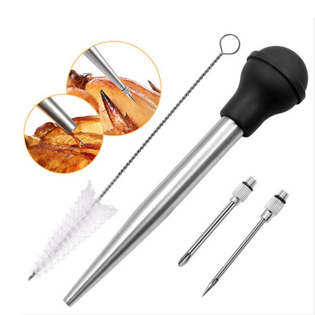Stainless Steel Turkey Baster Set with Silicone Bulb and Cleaning Brush for Roasting Grilling Cooking Meat Marinade Injector Needles Included