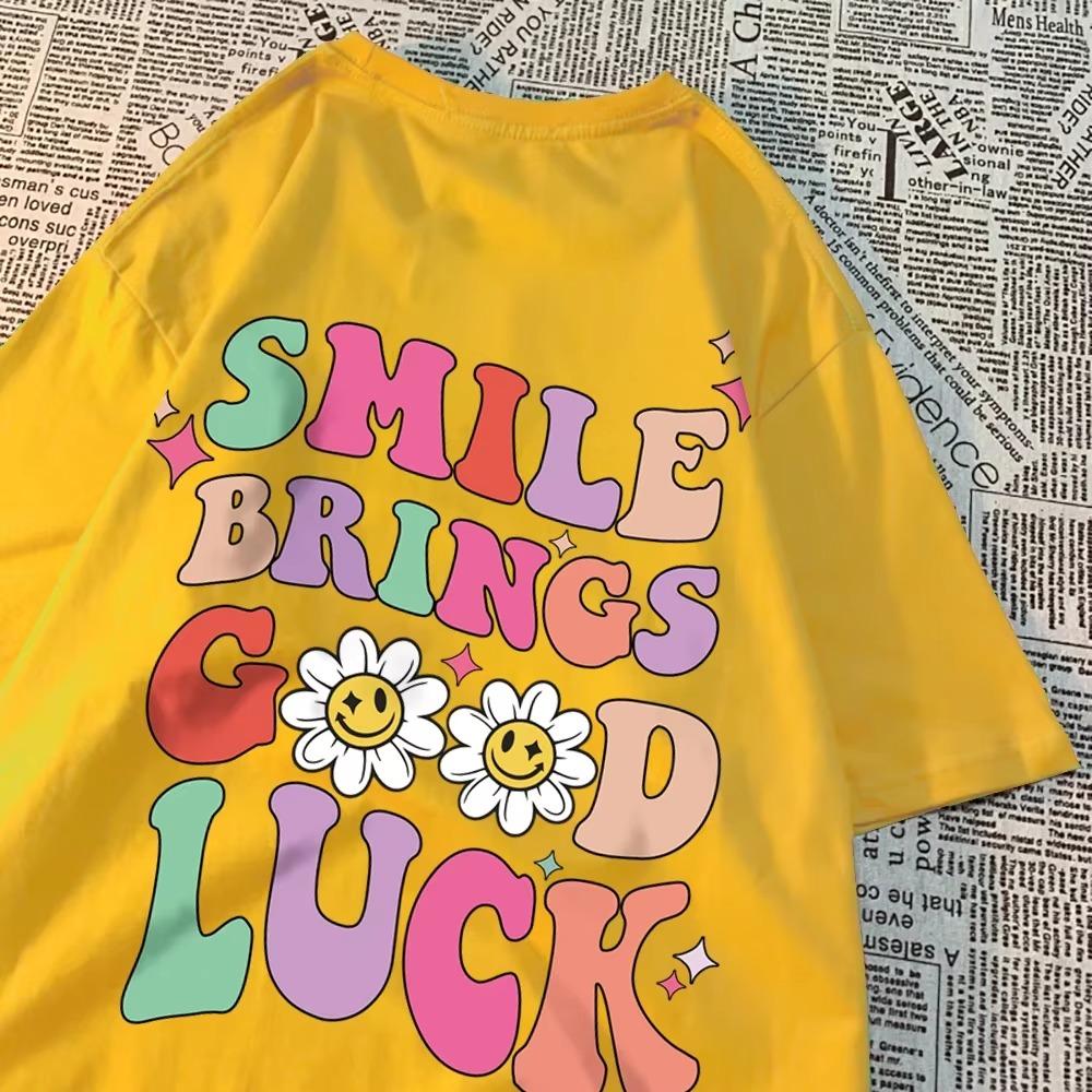Smile Brings Good Luck Men Women Tshirt Pattern Cotton Tshirts O-Neck Breathable T-Shirt Simplicity Tee Clothes Couple Tops