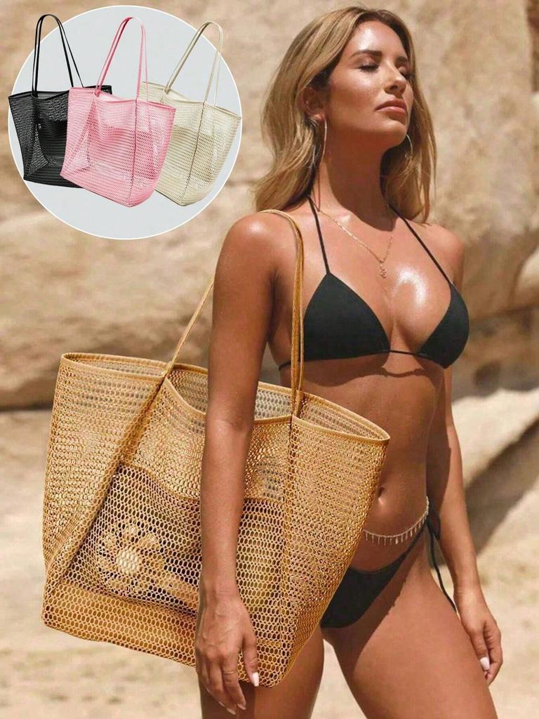 1pc Mesh Tote Bag, Cosmetic Bag, Casual Handbag, Foldable Women's Shoulder Bag For Picnic, Waterproof, Foldable, Essential Bag