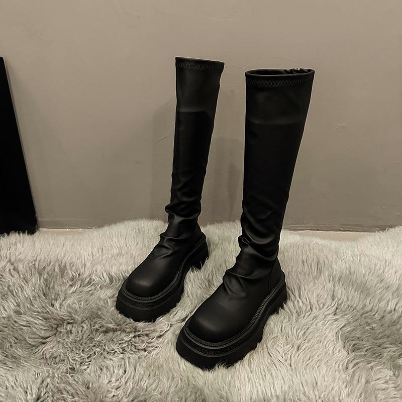 2025 new long boots women's thick-soled high-tube thin autumn and winter mid-tube boots stacking boots small thin boots black