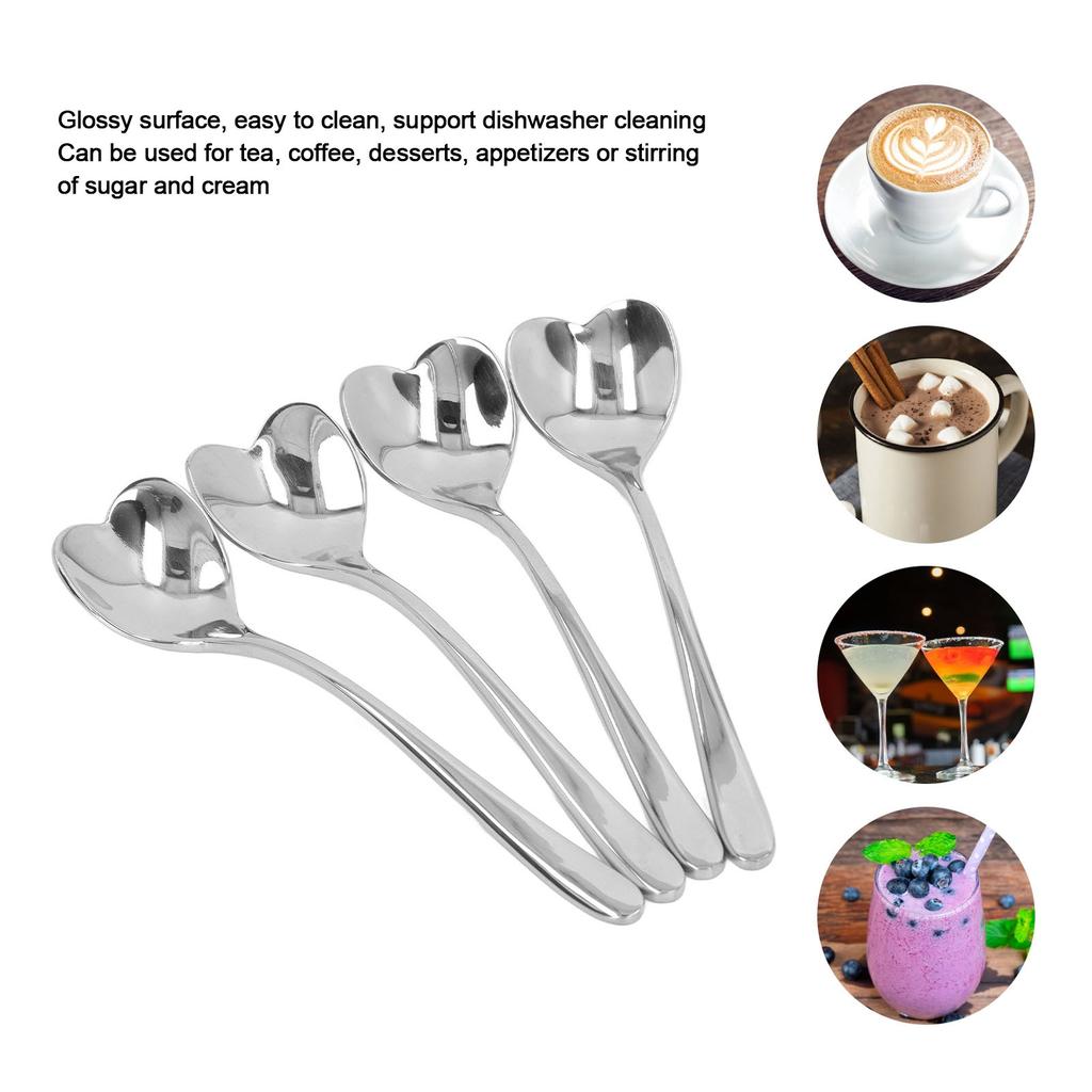 D2 4Pcs Coffee Spoon Stainless Steel Heart Shaped Tea Dessert Sugar Stirring Spoon Cafe Kitchen Gadget Sets Tableware Utensils