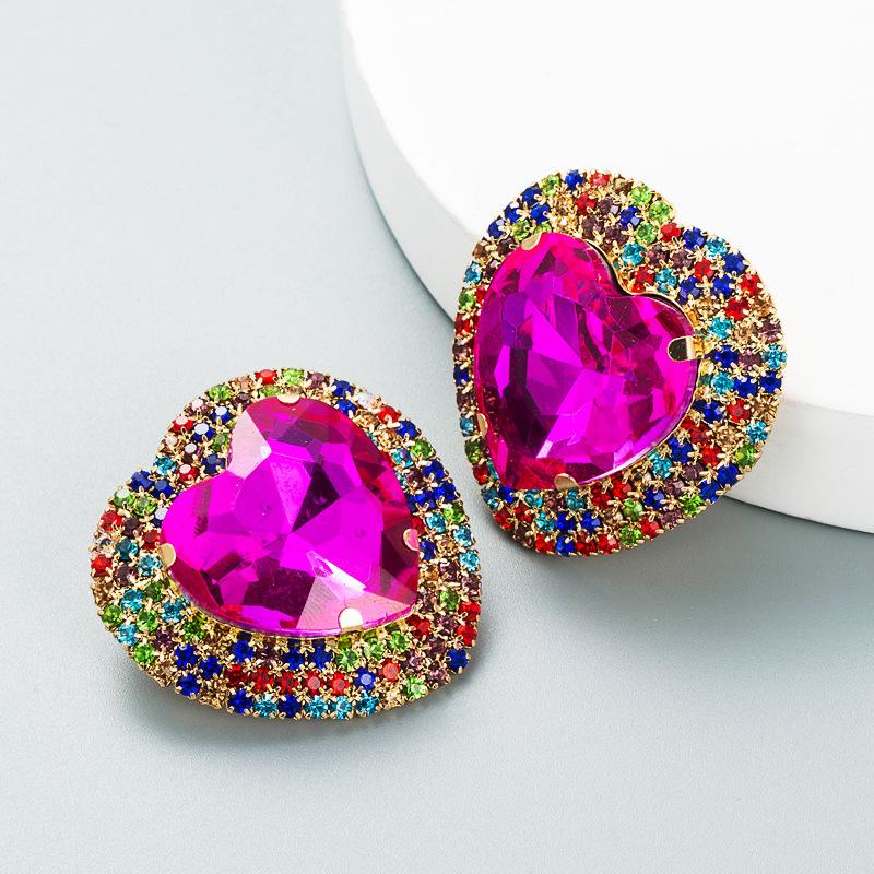 Women's Stud Earring Exaggerated Alloy Crystal Heart Earrings Super Flashing Personality Earrings